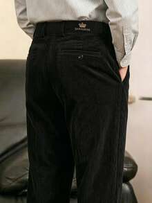 1pc Men's Autumn/Winter Corduroy Suit Pants, Light Business Semi-Formal Embroidered Warm Casual Long Pants - Black - View 1