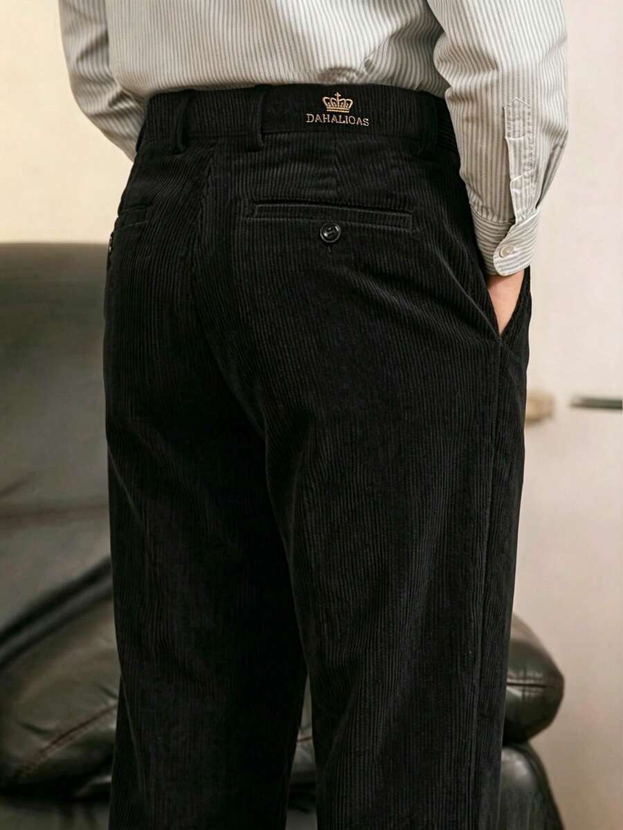 1pc Men's Autumn/Winter Corduroy Suit Pants, Light Business Semi-Formal Embroidered Warm Casual Long Pants - Black - View 1
