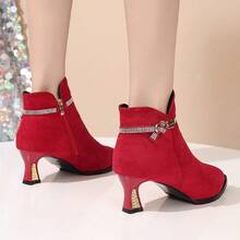 Matte Leather Boots Women's 2026 Autumn/Winter Chelsea Ankle Boots Mid-Heel Thermal-Lined Pointed Toe Rhinestone Chunky Heel Red Boots - Red - View 10