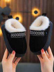 Children's Indoor Slippers, Simple Design, Girls/Boys Non-Slip Warm Fuzzy, Soft Sole Comfortable - Black - View 2