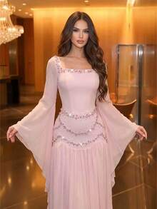 Modphy Elegant Temperament Lotus Sleeves High-End Feel Square Neck Hot Pressed Diamond Nail Bead Design Mesh Splicing, Pleated Edge Dress Party Outfit - Pink - View 6