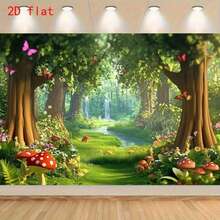 2D Flat 1pc Magic Forest Fairy Tale Background Banner With Mushrooms And Stream - Vibrant Polyester Party Banner - A - View 1