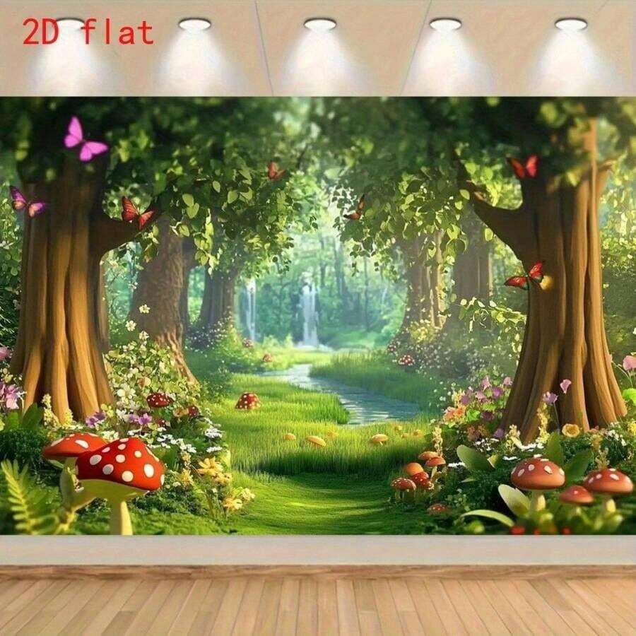 2D Flat 1pc Magic Forest Fairy Tale Background Banner With Mushrooms And Stream - Vibrant Polyester Party Banner - A - View 1