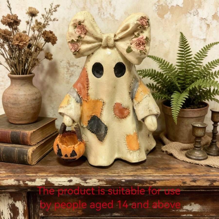 1pc Patchwork Resin Ghost With Vintage Floral Bow Ghost Statue, Creative Decorative Ornament, Home Decor, Home Accessory - Patch Ghost - View 1