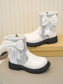 1 Pair Girls' Autumn/Winter Bow-Knot Ankle Boots, Silver Metallic Patchwork Side Zipper Thick Sole Princess Style Comfortable Fashion Kids Boots - White - View 7