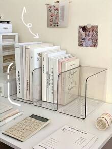 1/2pcs Thickened Transparent Acrylic Bookends, Large Capacity, Minimalist Design, Multiple Styles Available. Suitable For Bedroom Bookshelf Storage, Room Book Storage Rack, Bookshelf, Home Storage Box - View 3