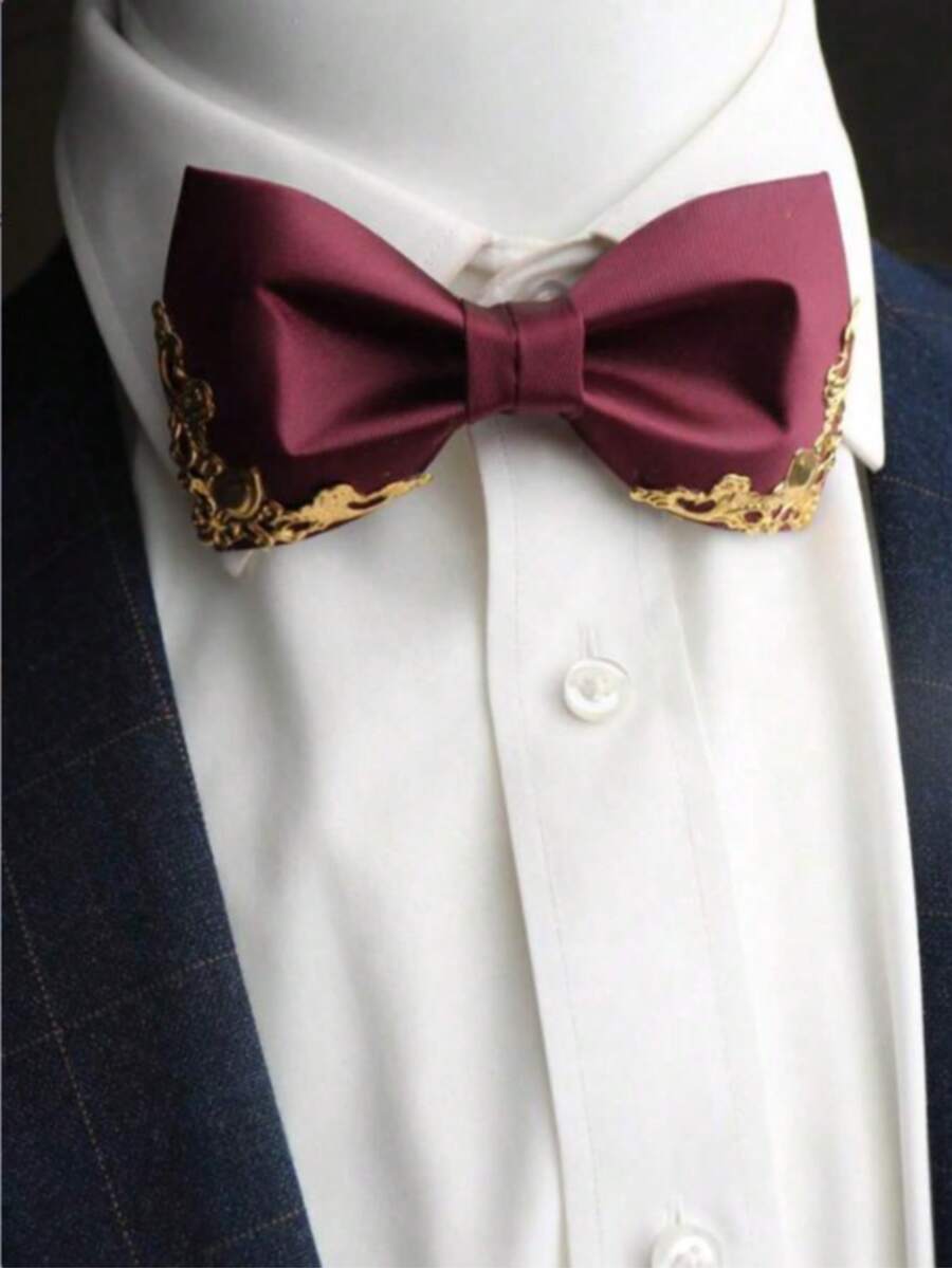 1pc Burgundy & Black Bowknot, Suitable For Business Party, Host, Daily Street Gentleman - Multicolor - View 1