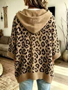 Women's Loose Leopard Print Hooded Knit Pullover Sweater With Dropped Shoulders, 5-Point Sleeves, Drawstring V-Neck, Casual - Leopard - View 3