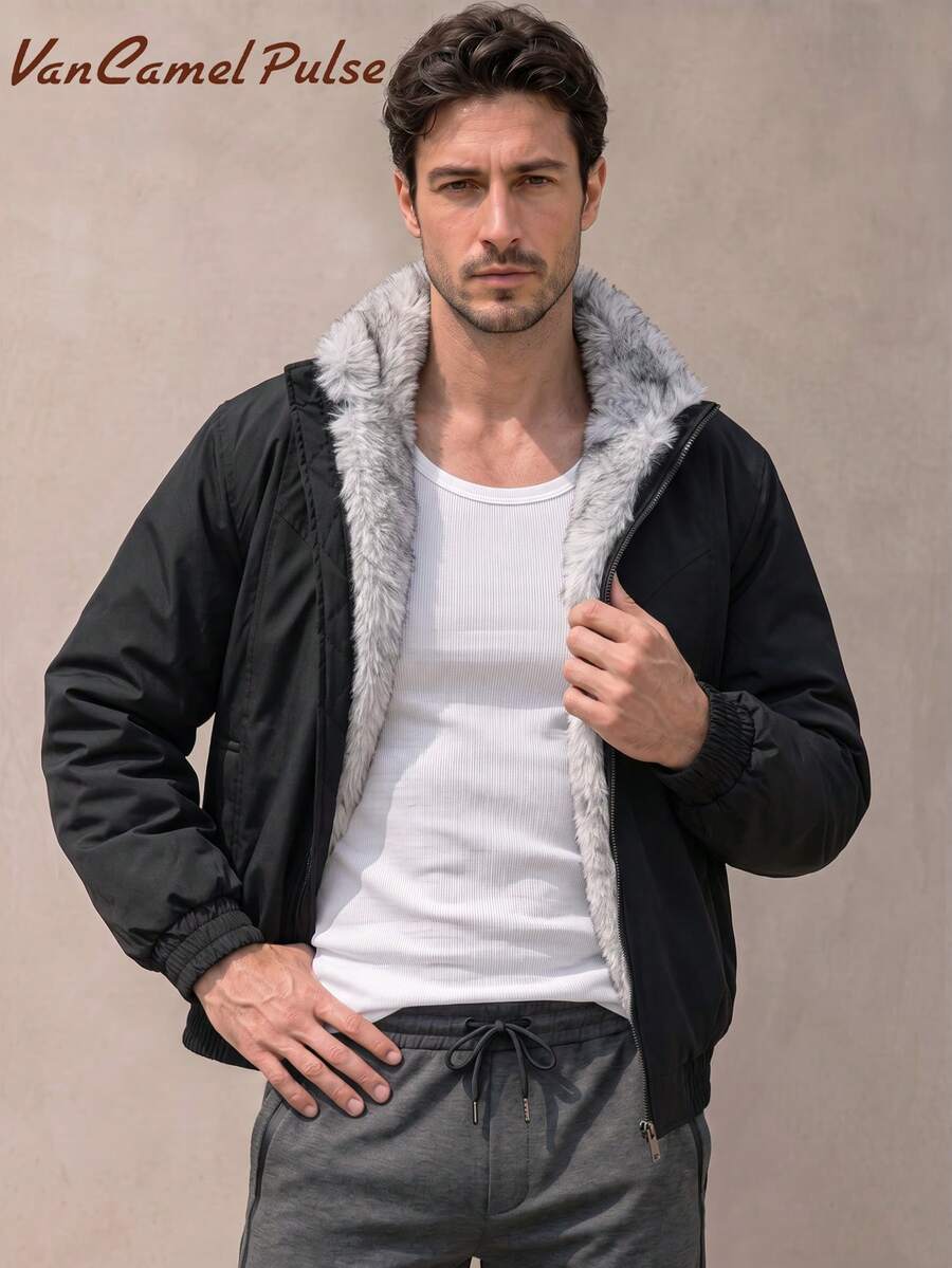 Vancamel Pulse Jaket Tebal Pria Musim Dingin Warna Polos dengan Kerah Bulu dan Desain Kerah Tegak Berbentuk Berlian, Jaket Olahraga Luar Ruangan - Hitam - View 1