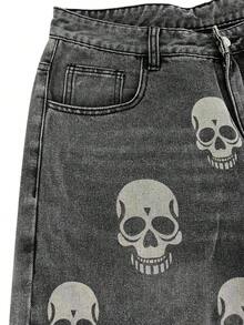 LIYS Men's Vintage Skull Print Wide Leg Loose Fit Jeans, Washed Grey Loose Denim Pants - Light Grey - View 7