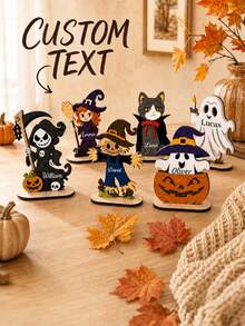 Personalized Name Halloween Standing Decor, Custom Desktop Ornament With Ghost, Witch, Pumpkin, Cat, Scarecrow And Grim Reaper Characters, Bookshelf Fireplace Mantel Decoration, Halloween Party Tabletop Display, Suitable For Home, Friends And Halloween Enthusiasts Home Decor - Multicolor - View 1
