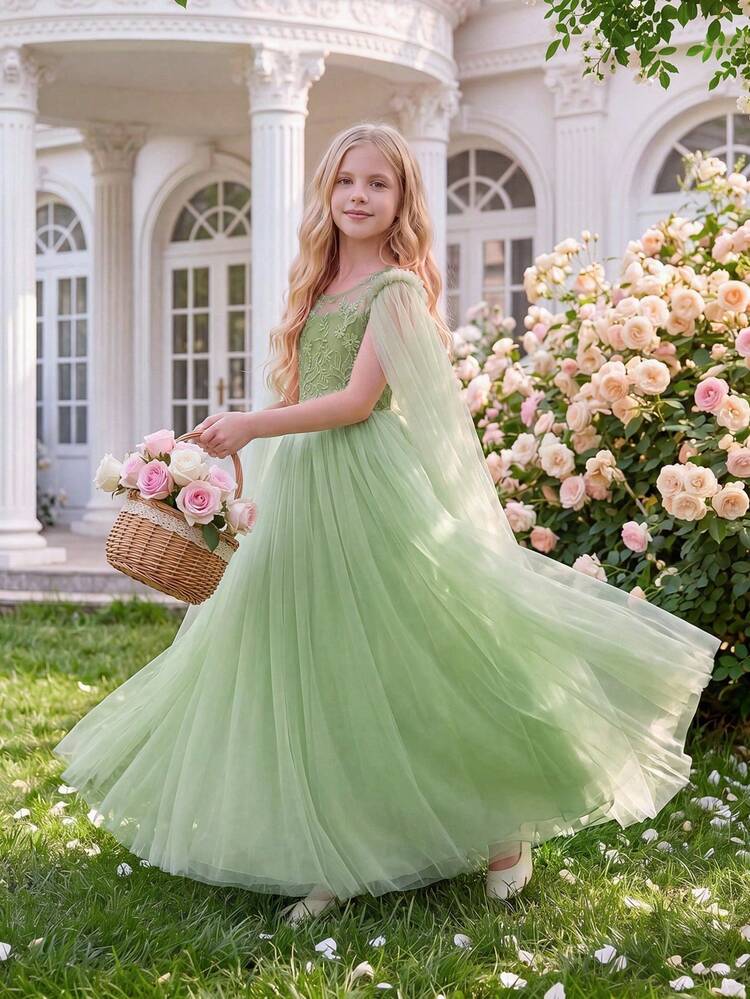 Tween Girl Elegant Lace Bow Back Deep V Mesh Flower Girl Dress Princess Gown, Suitable For Tween Girl Birthday Party, Flower Girl Wedding, Ball, Party, Important Occasions, Holiday Dress - Mint Green - View 4