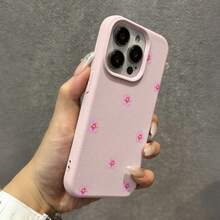 1件粉色花朵美學圖案磨砂荔枝紋理全包覆TPU防震時尚手機殼，適用於 11/12/13/14/15/16/17/18 Pro Max/Plus/7/8/XR，防震保護套 - 粉色 - 查看 2