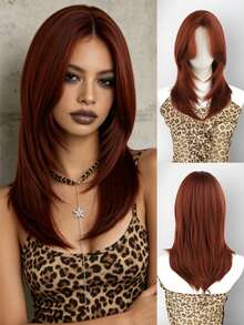 16 Inch Dark Brown Blonde Layered Wig With Bangs, Dark Roots, Synthetic Straight Heat-Resistant Wig For Women Daily Wear And Fashion Party - Multicolor - View 12