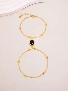 1pc Vintage Oval Black Small Gold Bead Linked Finger Back Chain Bracelet For Women, Daily Commute, Evening Party, Gift - One Size - View 5