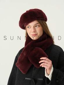1 Set Women's Solid Color Sweet Elegant Versatile Faux Fur Beret Hat And Scarf Set, Warm For Autumn/Winter, Suitable For Daily Wear - Burgundy - View 2