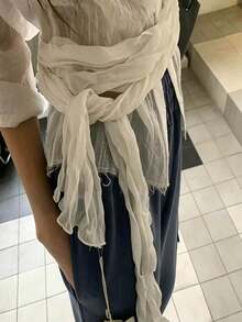 1pc Women's Solid Color Pleated Scarf, Spring/Summer Long Silk Scarf, Fashionable Unique Waist Accessory - White - View 7