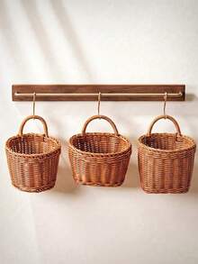 1pc Woven Hanging Basket Wall Mounted Storage Basket, Boho Rattan Hanging Wall Organizer For Plant Lovers, Space Saving Basket For Living Room Bathroom Kitchen Entryway, Hanging Decor Storage For Remote Control Sundries Accessories, Natural Farmhouse - View 3