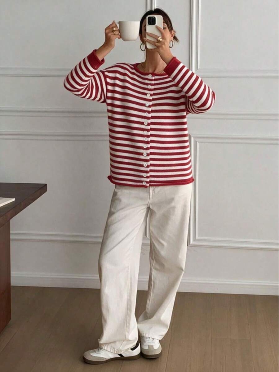 Y2K 法式女孩紅色條紋鈕扣前襟針織開襟衫 休閒寬鬆長袖 OOTD 上衣 - 彩色 - 查看 1