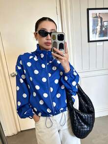 Women Jackets - Blue With White Polka Dots - View 5