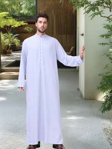 1pc Middle Eastern Men's Arabic Robe, Saudi Men's Robe, Muslim Men's Robe Coat, Solid Color Stand Collar Breathable Material, Suitable For Wedding And Holiday Casual Sleepwear, Moroccan Men's Style Robe Coat, Saudi Men's Pajamas - White - View 6
