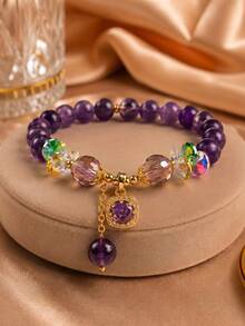 1pc Natural Amethyst Beaded Bracelet, Niche Design Colorful Crystal Pendant Bracelet, Vintage Style Women's Hand Accessory - Multicolor - View 6