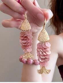1 Pair Creative Fish-Shaped Shell Tassel Earrings For Women, Summer Beach Vacation Style, Elegant And Unique High-End Accessory - Pink - View 4