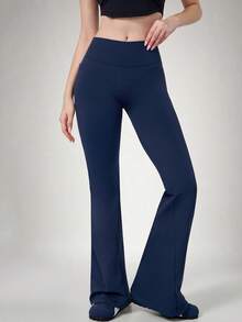 NcmRyu Celana Panjang Wanita 1 Potong Warna Blok dengan Lipatan Pinggang Tinggi untuk Lari, Gym, dan Yoga dengan Potongan Kaki Melebar - Navy Blue - View 9