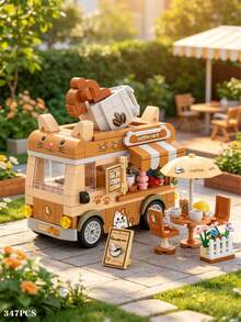 347 PIECES Cute Cat Coffee Truck Building Set, Creative DIY Assembly Toy, Dining Car Style With Outdoor Table And Chairs, Sunshade Umbrella, Desktop Decorative Items, Stress Relief Puzzle Toy, Festival Home Decoration Collection Gift - No Box - View 4