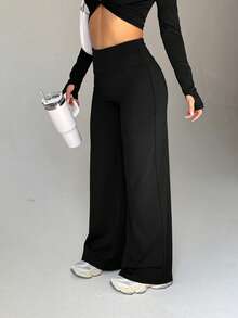 Women's Casual Wide Leg Yoga Pants, High Waist, Peach Butt Lift, Tummy Control, Leg Lengthening, Versatile Solid Color, Suitable For Yoga, Running, Workout, Daily Casual, Commuting, Fashionable Outfit - Black - View 6
