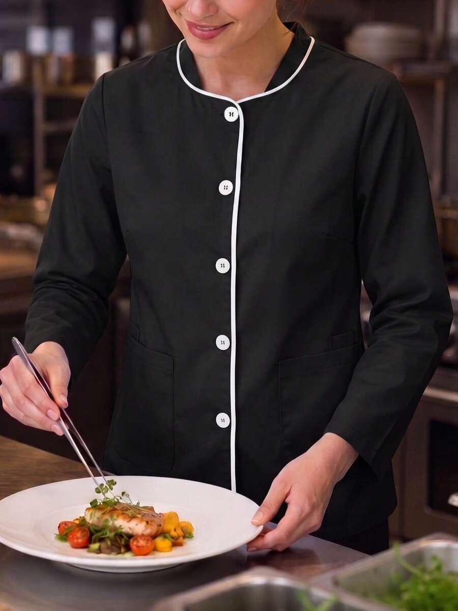 1pc Contrast Trim Elegant Woven Fabric Small Stand Collar Button Front Pocket Long Sleeve Top For Women, Long Sleeve Nurse Uniform Clinic Reception Catering Workwear Spring Autumn - Black - View 1
