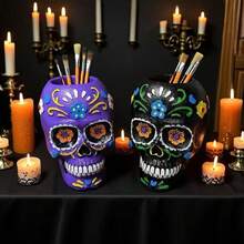 Porta Lápices Calavera de Azúcar para el Día de los Muertos - Decoración para el Día de los Muertos y Halloween, Porta Lápices Artístico Pintado, Decoración de Altar, Caja de Almacenamiento Creativa para Escritorio, Regalo para Artistas y Entusiastas de la Cultura C16X - Multicolor - Ver 1