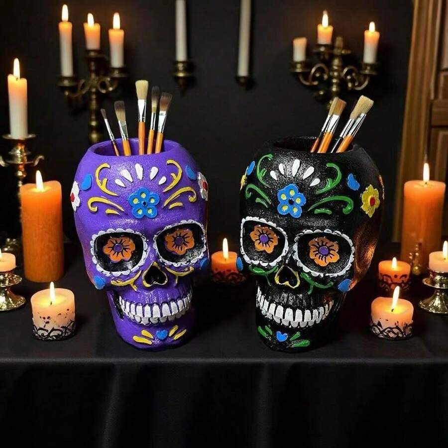 Porta Lápices Calavera de Azúcar para el Día de los Muertos - Decoración para el Día de los Muertos y Halloween, Porta Lápices Artístico Pintado, Decoración de Altar, Caja de Almacenamiento Creativa para Escritorio, Regalo para Artistas y Entusiastas de la Cultura C16X - Multicolor - Ver 1
