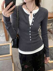Atasan Dalaman Wanita 2 In 1 Colorblock Lengan Panjang Slim Fit Abu-abu, Serbaguna untuk Musim Gugur - Dark Grey - View 4