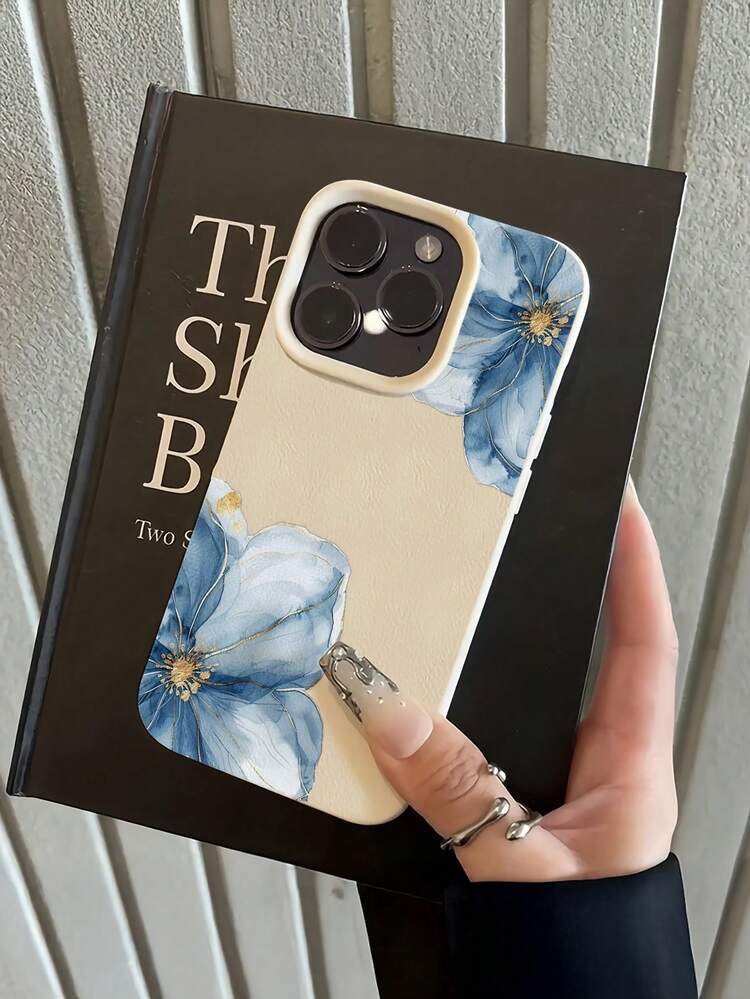 1pc White Diagonal Gold Inlaid Blue Flower Minimalist Personalized TPU Shockproof Full Coverage Phone Case Compatible With Apple 18 17 16 15 14 13 12 11 Pro Max Air And Series - Multicolor - View 2
