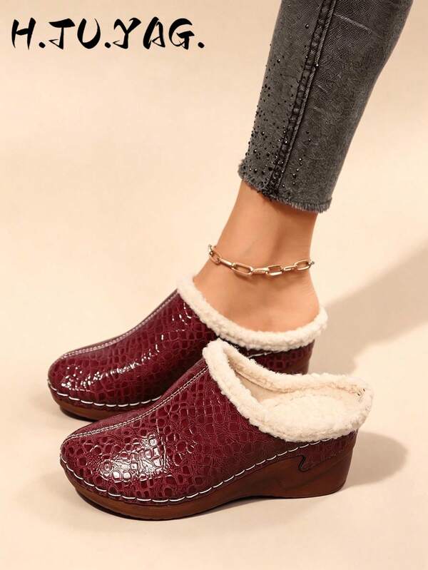 Women's Fashion Minimalist Lightweight Fleece Lined Slip-On Anti-Slip Comfortable Solid Color Plain Buckle Wedge Heel Thick Sole Mule Half-Slipper