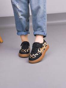 Leopard Print Kids Thick Sole Sneakers, Hook And Loop Anti-Slip, Unisex Casual Sports Shoes, Spring/Autumn New Style - Black - View 3