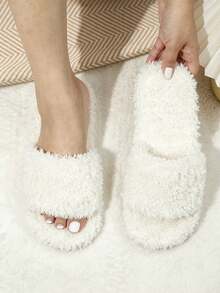 Women's White Plush Indoor Slippers, Comfortable Warm Open Toe Slide, Soft Fluffy Bedroom Shoes, Thick Sole Non-Slip - White - View 5