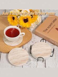 1pc/6pcs Marble Pattern Ceramic Coaster With Holder - Marble Pattern Ceramic & Wooden Desktop Coaster, Highly Absorbent, Non-Slip, Suitable For Drinks, Coffee Table, Etc., With Holder, Suitable For Home And Bar Decor, Fits Various Cups, Christmas Table Decoration - Multicolor - View 19