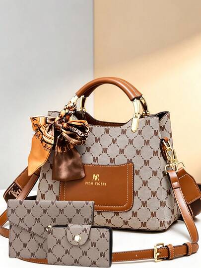 Sac fourre-tout imprimé de lettres pour femmes, sac bandoulière de style vintage avec poignée, décoré d'un foulard en soie, sac à bandoulière à large sangle avec portefeuille assorti