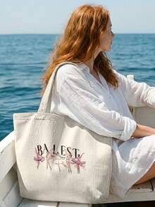1/2pcs Ballet Dancer Letter Print Corduroy Large Capacity Open Top Tote Bag, Holds Books Daily Essentials For Student School Shopping Daily Travel - Multicolor - View 2