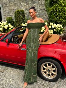 UNITHORSE [Random Cut] Off Shoulder Cinched Waist Sequin Evening Dress - Olive Green - View 3