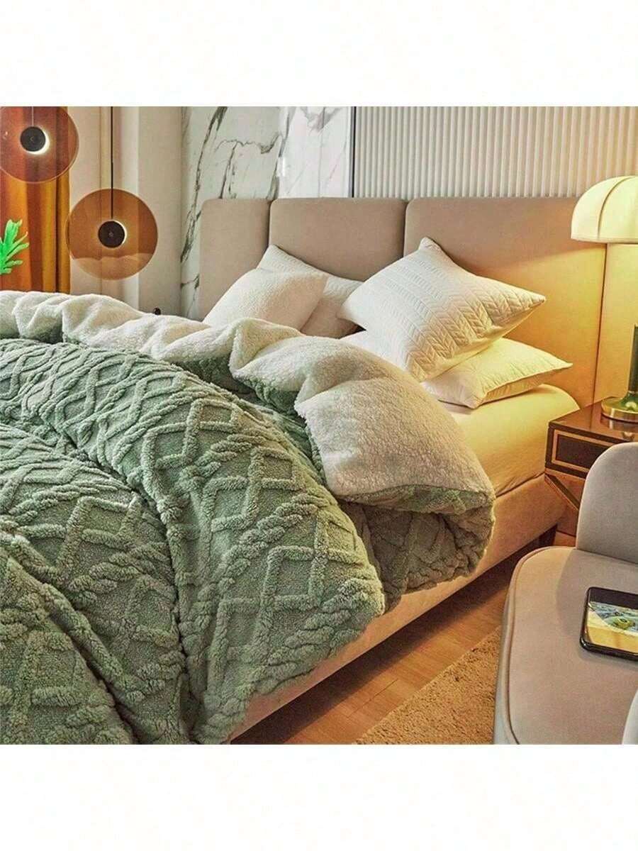Edredón De Invierno Grande, Aborregado por atrás, Edredón de Cachemira, Otoño E Invierno Edredón De Felpa Gruesa Cálida Edredón Reversible C,180x220cm - Verde - Ver 1