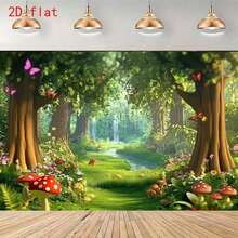2D Flat 1pc Magic Forest Fairy Tale Background Banner With Mushrooms And Stream - Vibrant Polyester Party Banner - A - View 6