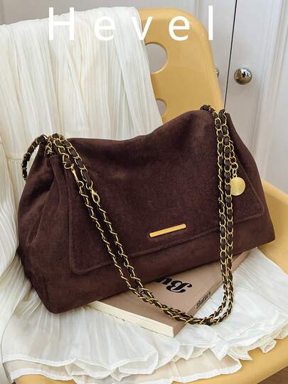 Women's Shoulder Bag, Flap Soft Bag, Faux Suede Matte Material, Fashionable Autumn/Winter Style, Elegant Vintage Minimalist Design, Decorated With Metal Chain, Suitable For Women, Girls And College Students, Applicable For Shopping, Commuting And Other Occasions, Color Is Coffee Brown,
