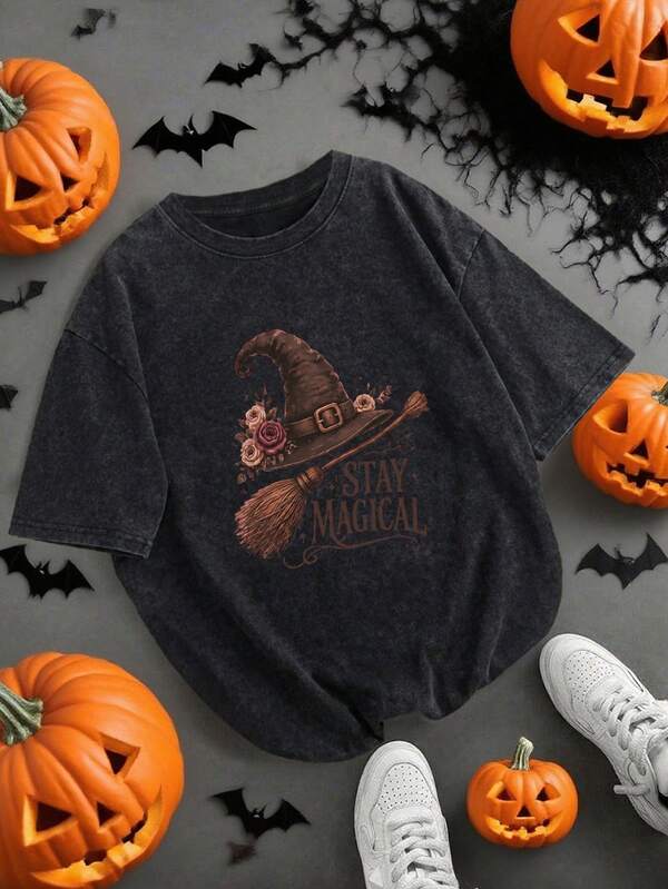 Plus Size Women's Daily Magic Witch Hat, Broom, Flower Print Round Neck Short Sleeve Casual Spring/Fall/Summer Plus-Size T-Shirt Top Going Tops Women