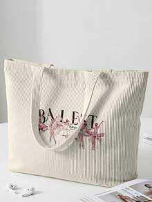 1/2pcs Ballet Dancer Letter Print Corduroy Large Capacity Open Top Tote Bag, Holds Books Daily Essentials For Student School Shopping Daily Travel - Multicolor - View 3