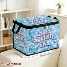 1pc 2DFlat Foldable Zipper Storage Box, Blue Iridescent Fluid Shell Fun English Art Letter Full Print Design, Can Store Clothes, Bedding, Nail Tools, Holiday Sundries, Suitable For Under Bed, Wardrobe Placement And Moving Packing, Zipper Closure Secure, Reinforced Handle Durable Weight-Bearing Living Room Sundries Storage Basket, Dormitory Seasonal Bedding, Book Storage Supplies - A - View 12