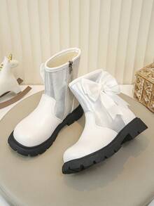 1 Pair Girls' Autumn/Winter Bow-Knot Ankle Boots, Silver Metallic Patchwork Side Zipper Thick Sole Princess Style Comfortable Fashion Kids Boots - White - View 2