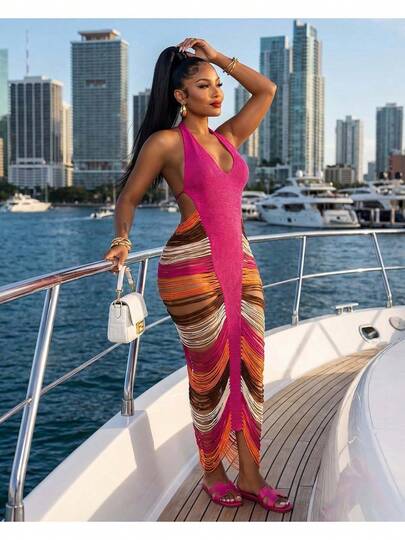 New Arrival For Autumn And Winter 2026, Women's Fashion Sexy Slim‑Fit Elegant Sleeveless Color‑Blocked Pleated Knit Bodycon Dress